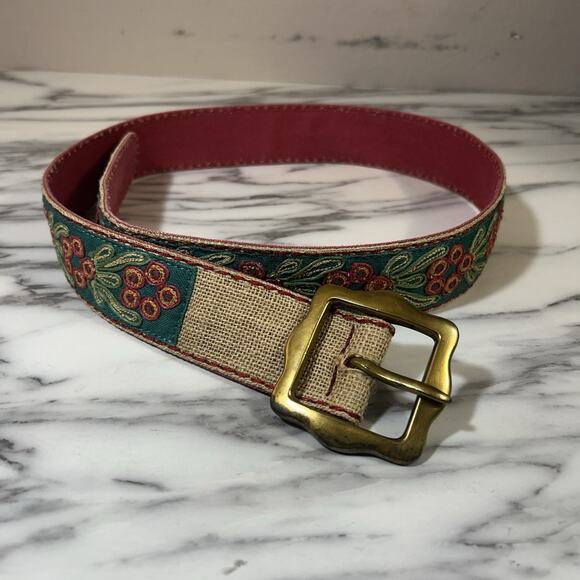 Lucky Brand Red Green Floral Embroidered Brown Leather Belt Size 32 Western Boho - Picture 1 of 6